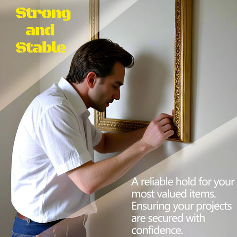 Man securing a frame using All In One Drywall Patch And Anchor Repair Kit With 20 Patches on a wall.