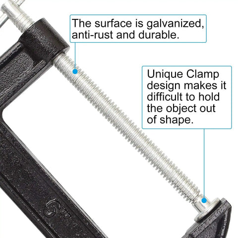 Close-up of Heavy Duty 6 Inch C Clamp Set Built Tough For Woodworking Welding And Building Projects with rust-resistant coating