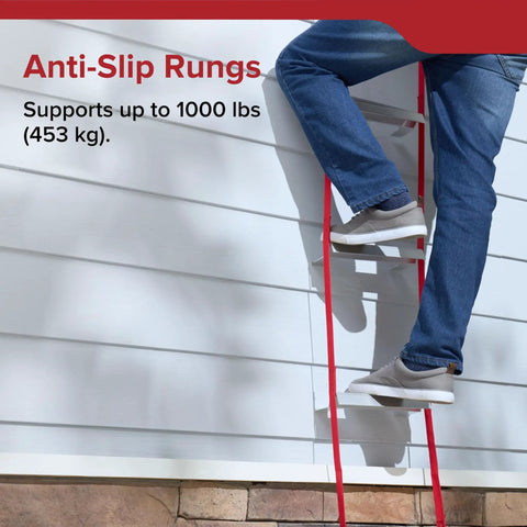 Person using Two-Story Fire Escape Rope Ladder Extends To 13 Feet Quick Window Attachment For Casement Windows No Assembly Required Flame Resistant And Durable With Anti-Slip Rungs Foldable Emergency Escape Ladder For Home Safety on building exterior.