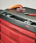 Mobile Tool Work Center On Wheels With 5 Drawers And 250 LB Capacity Built From High Density Structural Foam For Rugged Rust Proof Durability In Warehouse Garage And Maintenance Tasks Plus A Bright Red Locking Cabinet close-up with top tray and tools