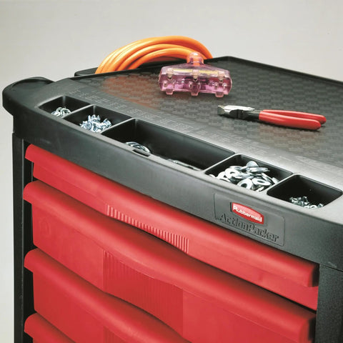 Mobile Tool Work Center On Wheels With 5 Drawers And 250 LB Capacity Built From High Density Structural Foam For Rugged Rust Proof Durability In Warehouse Garage And Maintenance Tasks Plus A Bright Red Locking Cabinet close-up with top tray and tools