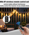Universal Motor Speed Controller For 12V To 60V Systems With 12A Max Includes 2 Remote Controls DIY Ready Perfect For Motors LEDs And Fans 433MHz Wireless RF Switch Compact 100x50x36mm Receiver For Tight Spaces, shown with remote and LED lights