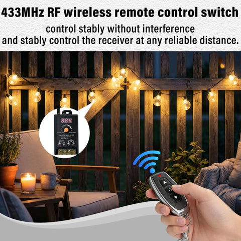 Universal Motor Speed Controller For 12V To 60V Systems With 12A Max Includes 2 Remote Controls DIY Ready Perfect For Motors LEDs And Fans 433MHz Wireless RF Switch Compact 100x50x36mm Receiver For Tight Spaces, shown with remote and LED lights