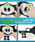 All Day Comfort Upgraded M Plus Dust Mask With Six Layer Filters And EAPI Filter Technology Reusable Respirator For Construction Job Sites Yard Work Woodworking Spray Painting Drywall Resin Fume Protection showing components and assembly.