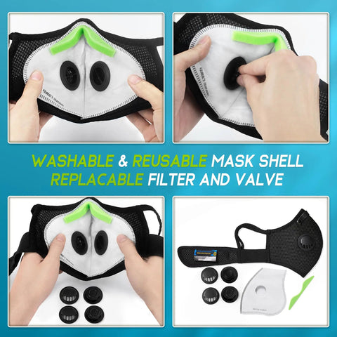 All Day Comfort Upgraded M Plus Dust Mask With Six Layer Filters And EAPI Filter Technology Reusable Respirator For Construction Job Sites Yard Work Woodworking Spray Painting Drywall Resin Fume Protection showing components and assembly.