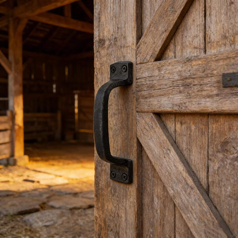 Heavy Duty Sliding Barn Door Handles Black 7 Inch Two Pack Rustic Gate Pull Handles for Shed Fence Cabinet Full Hand Grip Rust Resistant Carbon Steel Powder Coated installed on a barn door
