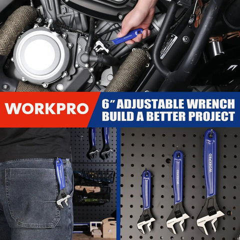 Six Inch Adjustable Wrench With Wide Jaw For Medium Bolts M6 To M16 Beefy Heavy Duty CR-V Steel hanging and in use
