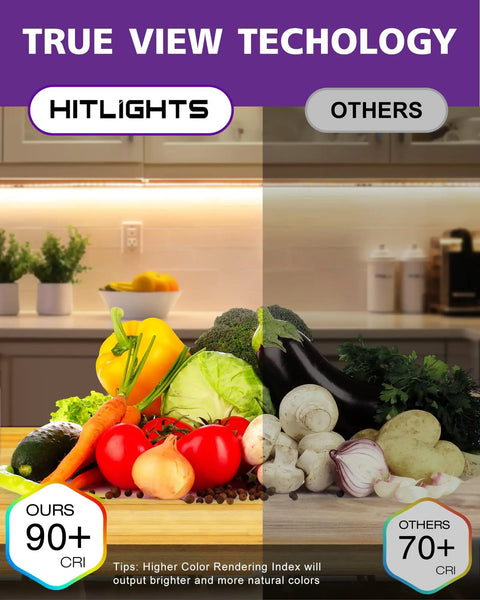Comparison of True View technology with HitLights 90+ CRI and others 70+ CRI on vegetables in kitchen using Warm White 3000K LED Strip Lights 24.6ft High Density Tape Light With 900 LEDs Per Reel, 12V Dimmable, UL Listed, 67W, Flexible Rope Lighting For Bedroom, Kitchen, And Under Cabinet Use