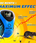 Plug In Ultrasonic Pest Repeller With LED Display For Indoor And Outdoor Use Keeps Mice Rats Bats And Squirrels Out Of Your Home Garage Basement Quiet, Chemical Free Whole Home Coverage displayed with pest images and effect timeline.