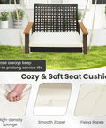 One Person Outdoor Porch Swing With Metal Frame And Soft Cushioned Seat Wicker Style Chair Ropes And Hooks Included PE Rattan Swing For Lawn Garden Backyard Or Balcony Off White Color For Cozy Relaxing Evenings