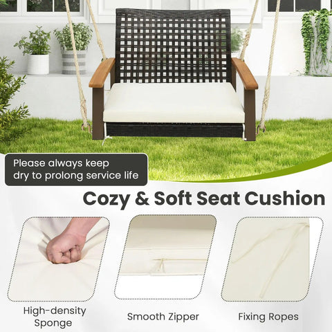 One Person Outdoor Porch Swing With Metal Frame And Soft Cushioned Seat Wicker Style Chair Ropes And Hooks Included PE Rattan Swing For Lawn Garden Backyard Or Balcony Off White Color For Cozy Relaxing Evenings