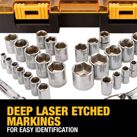 Boss 34 Piece Socket Set With Quarter Inch And Three Eighth Inch Drives In Locking Stackable Case With Removable Inner Tray, SAE And Metric Sockets, 72 Tooth Ratchet Delivers A Five Degree Arc For Tight Spaces And Clear Identification, close-up of sockets with laser etchings.