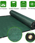 Privacy Fence Screen With Gloves 6X50Ft Heavy Duty 220Gsm HDPE Blockage 98 Percent showing dark green material and UV icons