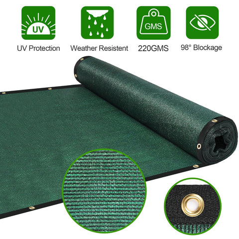 Privacy Fence Screen With Gloves 6X50Ft Heavy Duty 220Gsm HDPE Blockage 98 Percent showing dark green material and UV icons