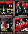 V8 Engine Model Kit That Runs With Motorized Pistons, showcasing detailed parts like pistons, chain, gears, and hood design