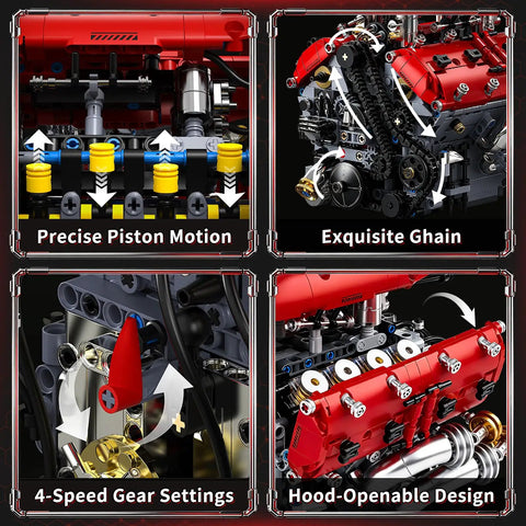 V8 Engine Model Kit That Runs With Motorized Pistons, showcasing detailed parts like pistons, chain, gears, and hood design