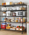 Beefy 5 Tier Wire Shelving Unit With Wheels Heavy Duty 48W X 24D X 72H Adjustable Garage Pantry Kitchen Storage, Metal Shelving System, 3200 Lbs Static Load, 640 Lbs Per Shelf filled with pantry items in a kitchen