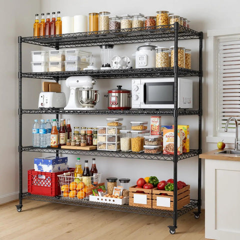 Beefy 5 Tier Wire Shelving Unit With Wheels Heavy Duty 48W X 24D X 72H Adjustable Garage Pantry Kitchen Storage, Metal Shelving System, 3200 Lbs Static Load, 640 Lbs Per Shelf filled with pantry items in a kitchen