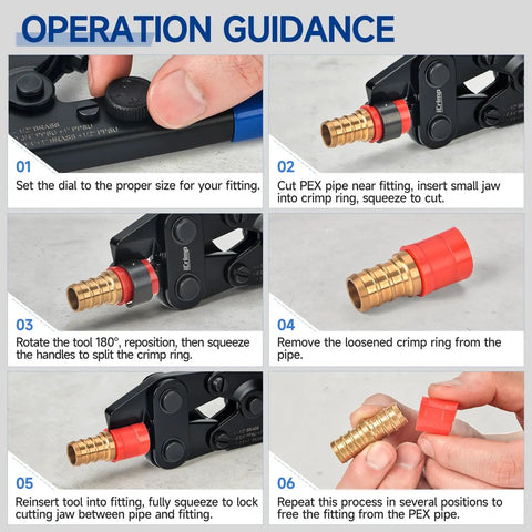 Operation guidance for PEX Copper Ring Removal Tool Decrimper in use on various copper crimp rings and PEX fittings.