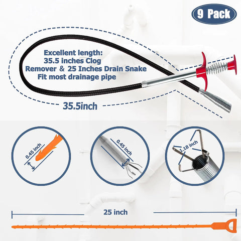 Pro Grade Long Reach Drain Clog Remover Kit With 35.5 Inch Auger And 25 Inch Hair Snake, visible 9 piece pack diagram with measurements.