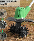 Powerful Battery Powered Garden Tiller With 360 RPM Motor And Dual 3.0Ah Batteries Plus Charger close-up on steel tines