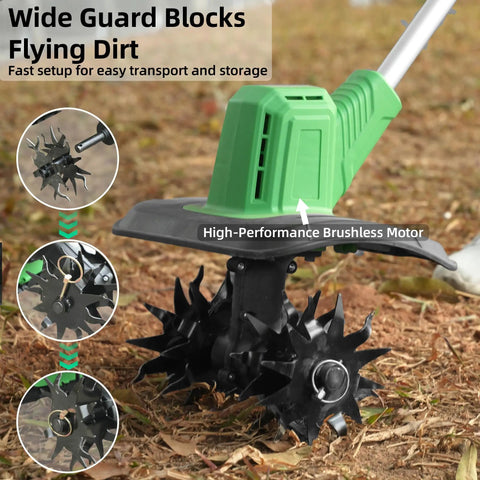 Powerful Battery Powered Garden Tiller With 360 RPM Motor And Dual 3.0Ah Batteries Plus Charger close-up on steel tines
