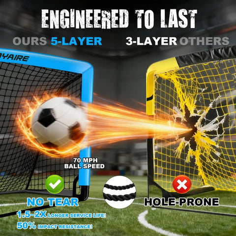 Soccer ball hitting durable pop-up goal compared to a damaged one, demonstrating Backyard Pop Up Soccer Goals Set For Kids And Toddlers