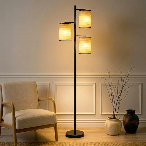 Liam Floor Lamp With Asian Lantern Shade Tree Style Standing Light For Living Rooms Offices And Bedrooms Includes 3 LED Bulbs Dope Ambience Black Finish