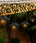 10 Foot Black Rustic Farmhouse LED String Lights for Patio With Metal Cage Shade weatherproof outdoor setup at night