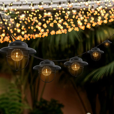 10 Foot Black Rustic Farmhouse LED String Lights for Patio With Metal Cage Shade weatherproof outdoor setup at night