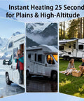 Image showing two RVs demonstrating the Straight Up Hot Water Instant Tankless Water Heater 12V DC Thermostatic Control 55K BTU.