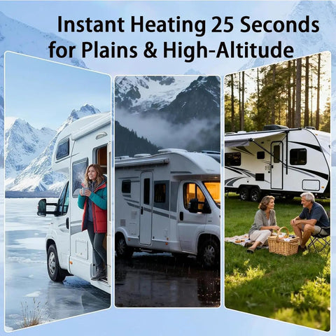 Image showing two RVs demonstrating the Straight Up Hot Water Instant Tankless Water Heater 12V DC Thermostatic Control 55K BTU.