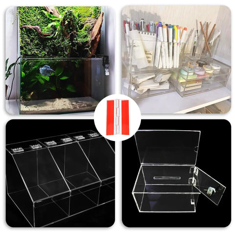 10 Pack Self Adhesive Clear Acrylic Hinges 65x40mm for DIY Crafts and Displays in aquarium and storage usage