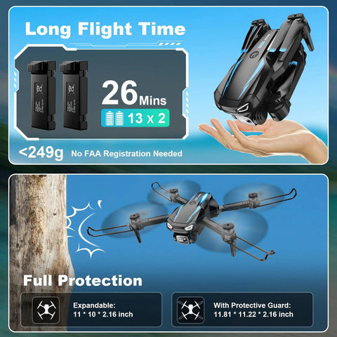 1080P HD Foldable Mini Drone With Remote Control Stable Hover shown with dual batteries and protective guard illustration.