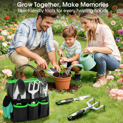 Family using 10 Piece Garden Tool Set With Heavy Duty Storage Tote Workhorse Includes Pruner Trowel Transplanter Hand Rake Weeder Cultivator Repot Mat Gloves Plant Tags And Carrying Case Rust Resistant Tools With Non Slip Ergonomic Handles For Women And Men Green while planting