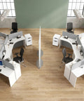 Bird's eye view of Boss Ready Three Seat Office Workstation Desk With Secure Locking Rolling Pedestal Designed For No Sweat Team Setup And Chill Collaboration Zones Daily in a bright workspace.