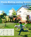 Outdoor Patio Standing Misting System Beats The Heat 5.3Ft Tall With 4 Adjustable Nozzles in garden setting with child and dog