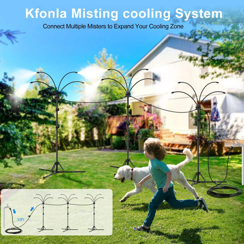 Outdoor Patio Standing Misting System Beats The Heat 5.3Ft Tall With 4 Adjustable Nozzles in garden setting with child and dog