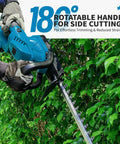 Person using blue cordless hedge trimmer with rotatable handle and 52cm dual-action blade for cutting shrubs