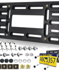 Universal Front License Plate Mount Bracket With Copper Threaded Inserts For Easy Tightening And No Stripping Car Plate Holder Kit For Front Bumper Includes Four Stainless Cable Ties And Screws Fits 6x12 Inch US Canada Standard with all components displayed.