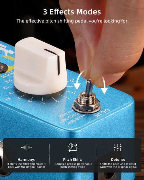 Close-up of Mini Pitch Shifter Pedal With Harmony, Detune And Pitch Shift Modes in use, showing control knob and switch.