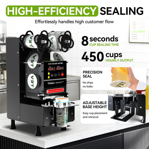 No Fuss High Output Automatic Cup Sealer Machine 90 To 95 Mm, 500 To 700 Cups Per Hour, Electric Sealer With Counting LCD, Perfect For Bubble Tea Milk Tea Coffee Juice And Boba Shops, Black