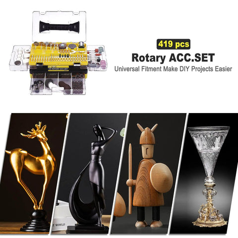 One-Stop Rotary Tool Accessories Kit With 419-Piece Set showcasing diverse applications like carving and polishing.