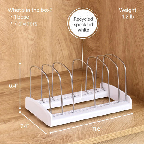 StoreMore Adjustable Bakeware Rack With Steel Wires Seven Adjustable Dividers shown on wooden background