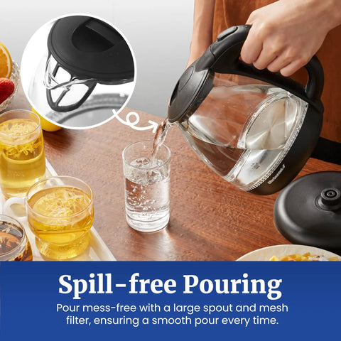 Fast Boil 1 Liter Glass Electric Kettle Cordless 360 Degree Base BPA Free 1100W With Auto Shutoff Blue LED Interior pouring water