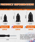 Size chart and components from Quick Fix Tire Plug Repair Kit With 100 Self Service Screws In Small Medium And Large Sizes.