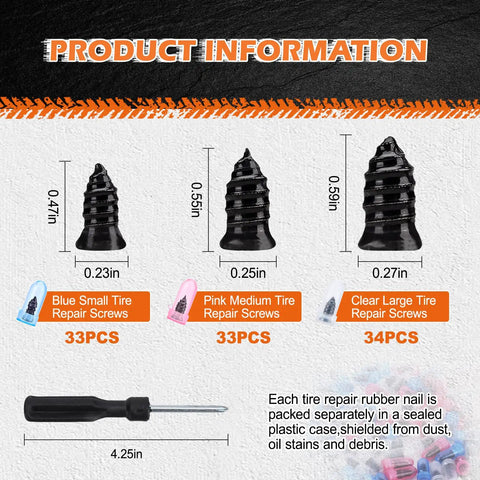 Size chart and components from Quick Fix Tire Plug Repair Kit With 100 Self Service Screws In Small Medium And Large Sizes.