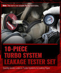 Close-up of Reywoo turbo leak tester kit connected to engine with hose and pressure gauge.