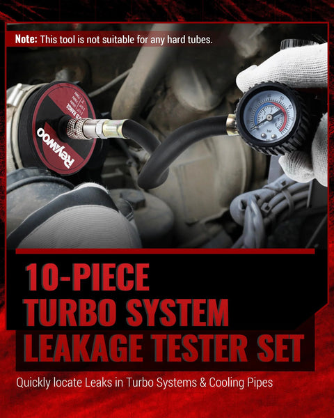 Close-up of Reywoo turbo leak tester kit connected to engine with hose and pressure gauge.