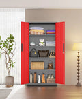 Beefy 72 Inch Heavy Duty Steel Garage Storage Cabinet With 900 Lb Capacity, 3 Point Locking System, Four Adjustable Shelves, Lockable Tall Storage for Garage Office or Warehouse, Black and Red opened with shelves and stored items